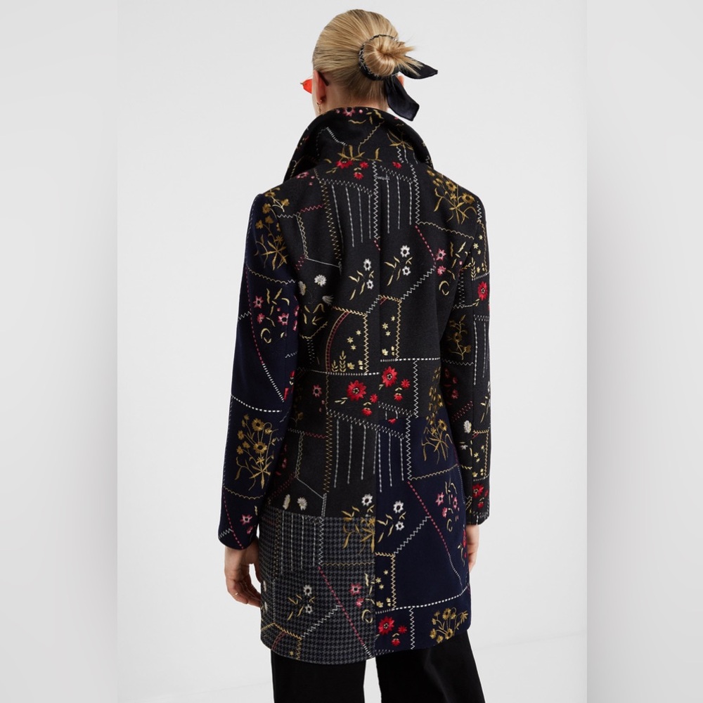 DESIGUAL Abrig Penny Black Floral Patchwork Wool Coat - Picture 6 of 12